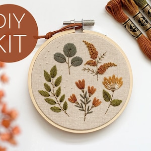 Fall embroidery kit, beginner embroidery kit, 4” botanical embroidery kit, neutral colors