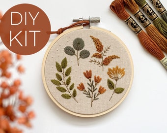 Fall embroidery kit, beginner embroidery kit, 4” botanical embroidery kit, neutral colors