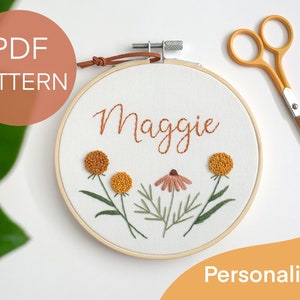 Personalized embroidery pattern pdf, beginner embroidery pdf pattern, floral nursery pattern, custom name embroidery pattern