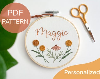 Personalized embroidery pattern pdf, beginner embroidery pdf pattern, floral nursery pattern, custom name embroidery pattern