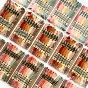 以下が含まれることがあります： ベージュ、ブラウン、オレンジ、ピンク、グリーンの様々な色合いの刺繍糸の糸巻きセット。各糸巻きには番号が付けられています。