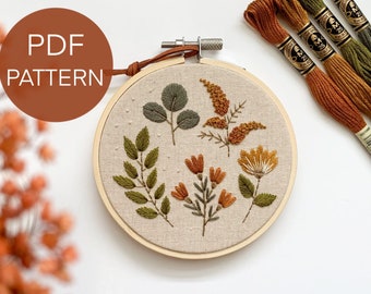 Fall embroidery pattern, beginner embroidery PDF pattern, fall botanicals embroidery