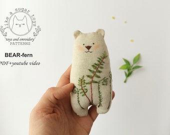 PDF pattern + video tutorial, handmade bear toy sewing pattern, hand embroidered bear toy, stuffed animal toys for baby, toddler