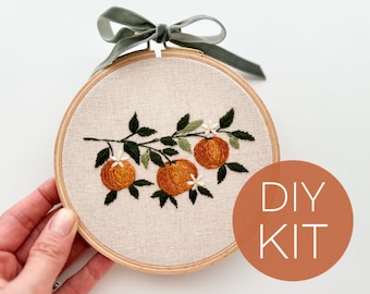 Orange Branch embroidery kit, beginner embroidery DIY kit, oranges embroidery pattern, Stick & Stitch pattern kit