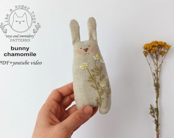 PDF pattern + video tutorial, handmade bunny toy with chamomile embroidery, sewing pattern, floral linen bunny rabbit for baby, toddler