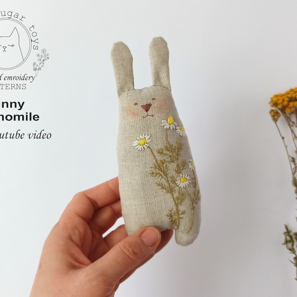 PDF pattern + video tutorial, handmade bunny toy with chamomile embroidery, sewing pattern, floral linen bunny rabbit for baby, toddler