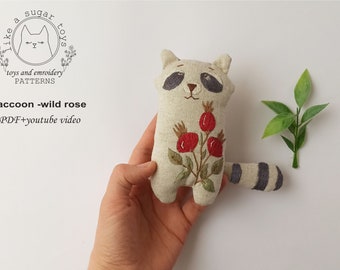 PDF pattern and video tutorial, raccoon toy sewing pattern, fabric toys for baby, linen racoon toy, stuffed animal toys patterns