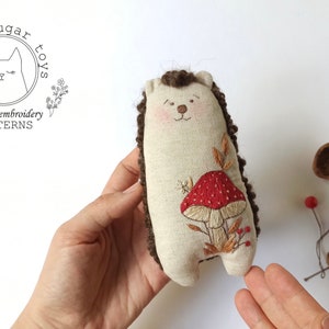 PDF pattern + video tutorial, hedgehog toy sewing pattern, forest animals stuffed toys, linen hedgehog toy for baby, mushroom embroidery