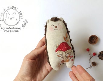 PDF pattern + video tutorial, hedgehog toy sewing pattern, forest animals stuffed toys, linen hedgehog toy for baby, mushroom embroidery