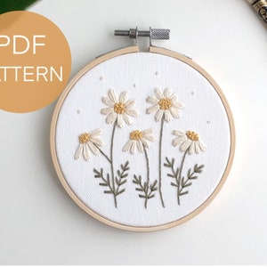 Daisies embroidery beginner pattern PDF, botanical embroidery PDF pattern for beginners, floral embroidery digital download