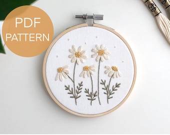 Daisies embroidery beginner pattern PDF, botanical embroidery PDF pattern for beginners, floral embroidery digital download