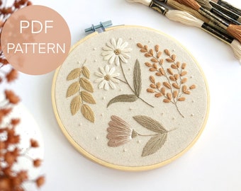 Muted Florals embroidery pattern PDF, floral embroidery pattern for beginners, botanical embroidery pattern