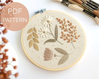 Broderimönster med dämpade blommor i PDF-format, blombroderimönster för nybörjare, botaniskt broderimönster