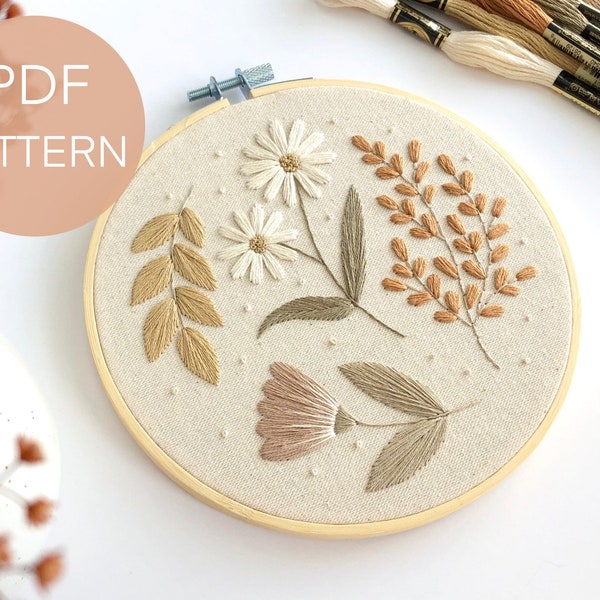 Muted Florals embroidery pattern PDF, floral embroidery pattern for beginners, botanical embroidery pattern