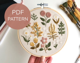 Patrón de bordado de flores silvestres: Diseño floral vintage (Patrón PDF)