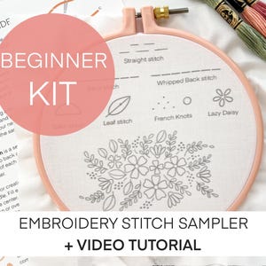 Beginner Embroidery Kit - STITCH SAMPLER, floral hand embroidery kit for beginners with video tutorial