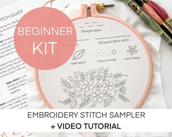 Kit de bordado para principiantes - MUESTREADOR DE PUNTADAS, kit de bordado floral a mano para principiantes con videotutorial