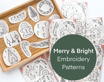 Christmas Stick & Stitch Embroidery Patterns, Holiday designs for clothing, DIY ornaments, beginner embroidery patterns, peel and stick kit