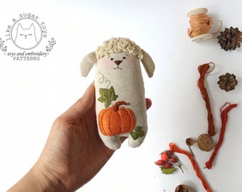 PDF pattern + video tutorial, handmade sheep toy sewing pattern with pumpkin embroidery, soft linen toy for baby and toddler