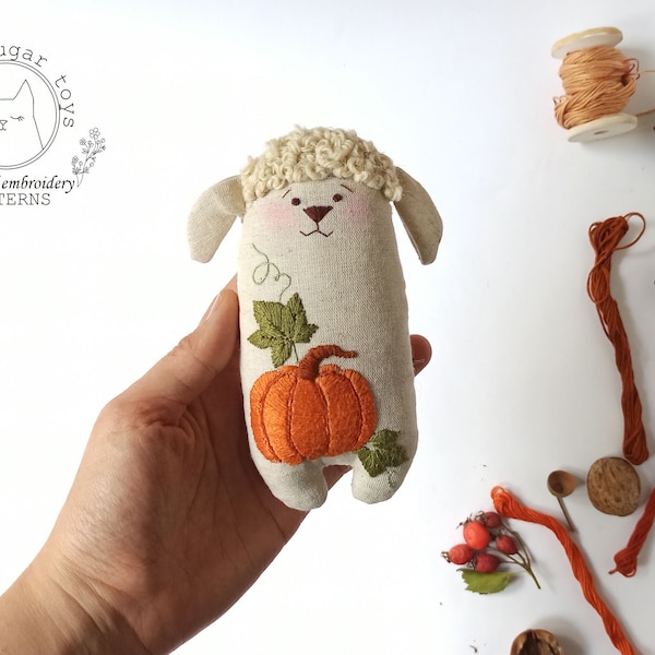 PDF pattern + video tutorial, handmade sheep toy sewing pattern with pumpkin embroidery, soft linen toy for baby and toddler