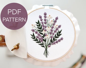Patrón de bordado de lavanda y margaritas, patrón de bordado de flores en PDF, patrón de ramo de bordado de lavanda