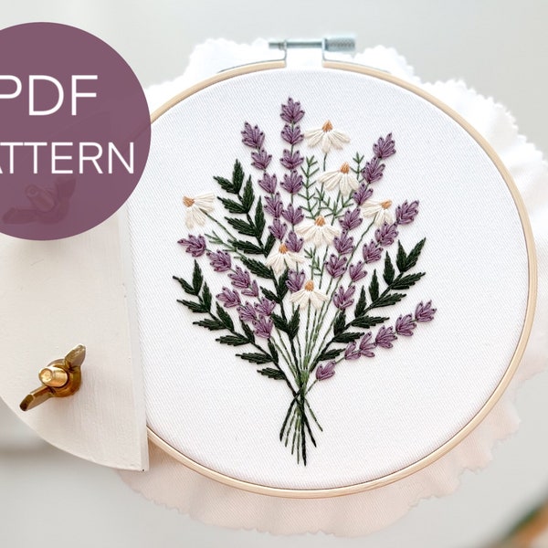 Patrón de bordado de lavanda y margaritas, patrón de bordado de flores en PDF, patrón de ramo de bordado de lavanda