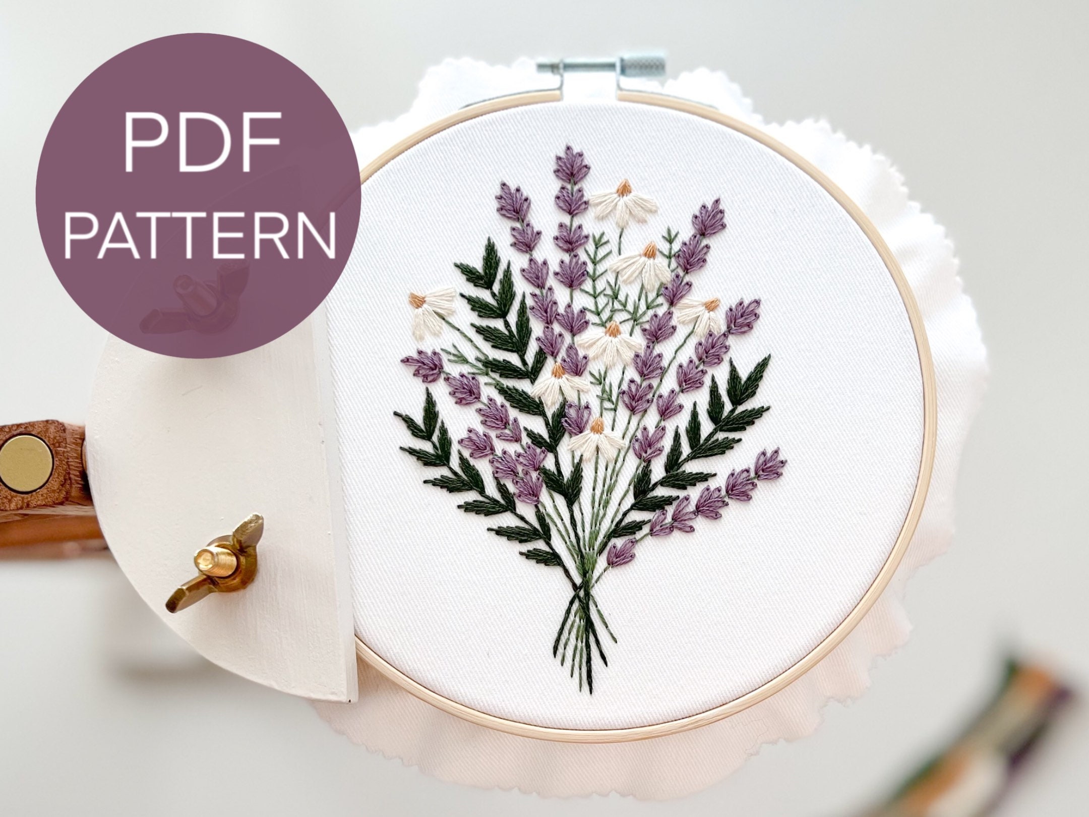 ラベンダーとデイジーの刺繍パターン、花の刺繍パターンPDF