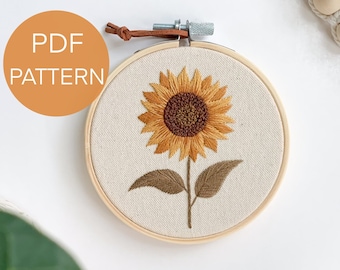 ひまわりの刺繍パターン、PDF パターン、初心者向け刺繍パターン