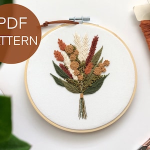 Fall embroidery bouquet pattern, fall flowers embroidery pdf pattern, autumn embroidery image 1