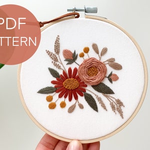 Embroidery flowers PDF pattern, beginner embroidery pattern, floral embroidery pattern PDF