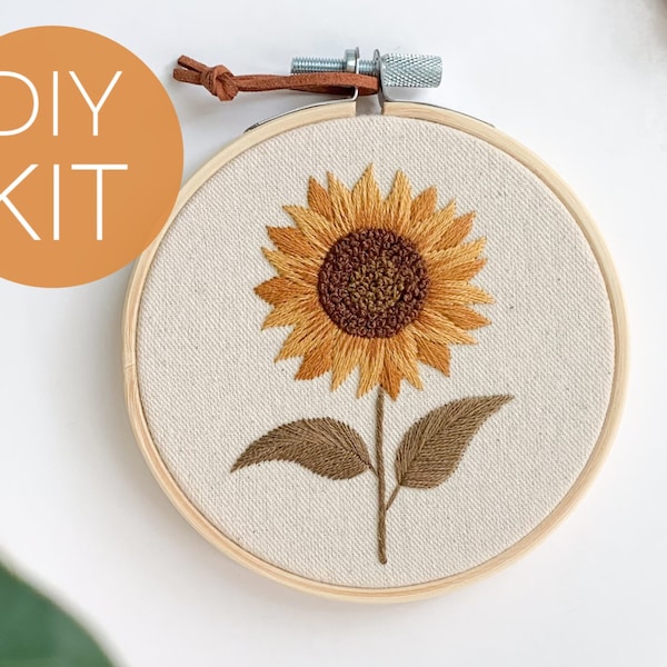 Sunflower Embroidery Kit, 4” fall embroidery kit for beginners, sunflower needlepoint beginner kit, diy embroidery hoop kit