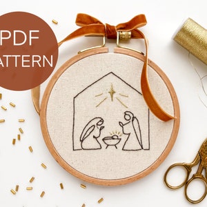 Nativity scene embroidery pattern, Christmas embroidery pattern pdf, beginner embroidery pattern, minimalist nativity