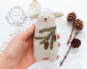 PDF pattern + video tutorial, reindeer sewing pattern, pine botanical embroidery, stuffed linen toy for baby, toddler