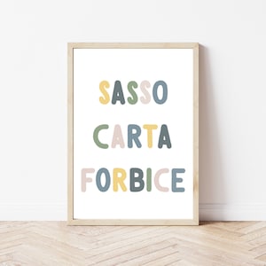 Stampa artistica con scritta "SASSO, CARTA, FORBICE", gioco per bambini
