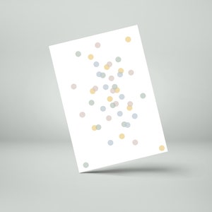 Set 3 biglietti d'auguri con busta, illustrazione a pois dai colori pastello, festa di coriandoli