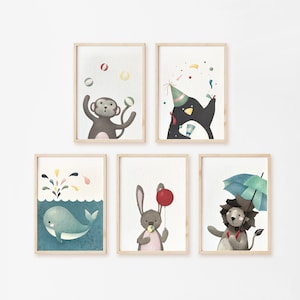 Set di 5 illustrazioni per la cameretta dei bambini, stampe decorative con soggetto animali