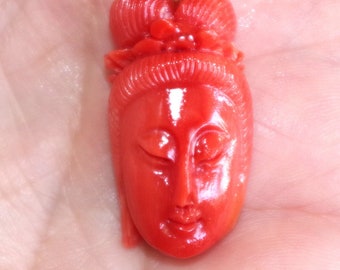 14K Antique Large Carved Red Kwan Yin Buddha Pendent statue