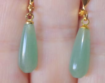 Green Jadeite Jade Tear drop  Leverback Earrings In 14K Gold Filled