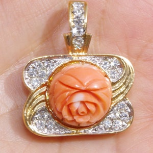 Hobe Handmade 14K GF Fancy Carved Rose Flower Angel Skin Salmon Coral Pendent W CZ AA