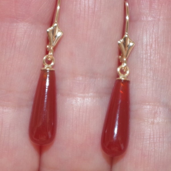 Vintage Gorgeous Genuine 14K Red Jade Teardrop Leverback Earrings