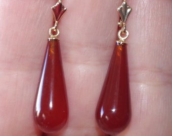 14K Rare Carved Antique Carnelian Teardrop Leverback Earrings