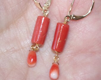 ANTIQUE QUALITY 14K GOLD SARDINIA RED CORAL STUDS & CARVED ROSE DROP EARRINGS 
