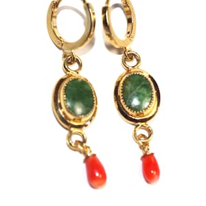 Jadeite Green Jade w Red  Aka Japanese  Coral 14K Gold Filled Drop Hoop Earrings