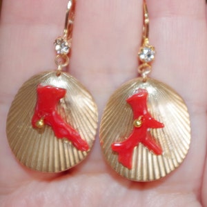 Italian Red Coral Branch Sea Shell Leverback Earrings In 14K GF