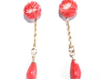 Exclusivos pendientes japoneses de oro de 14 quilates con diseño de salmón, 10 mm, con forma de rosa tallada y gota.