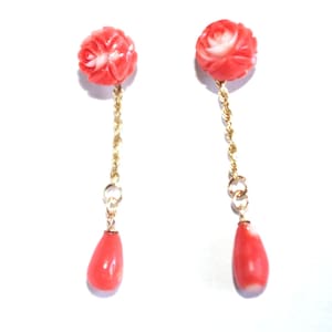 Zeldzame Japanse 14K zalm Momo 10 mm fancy gesneden roos oorknopjes en druppeloorbellen