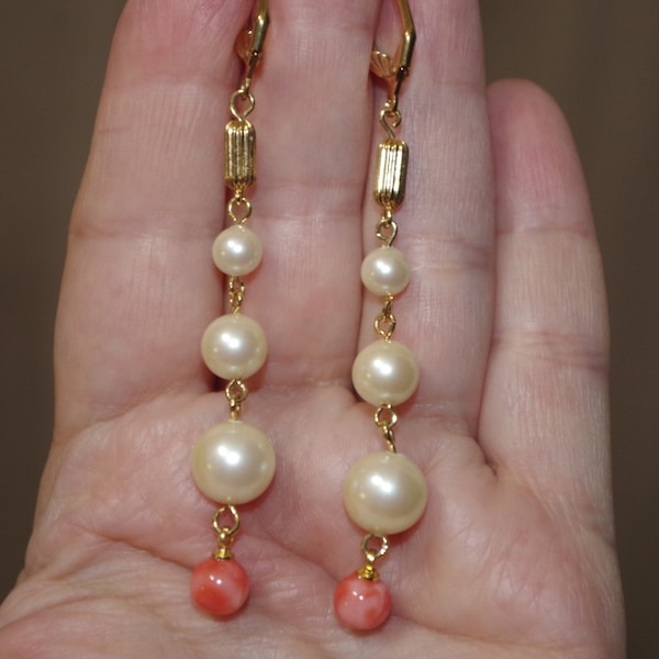 Vintage 14K GF Majorca Pearl & Salmon Red Coral  Elongated  Leverback  Earrings