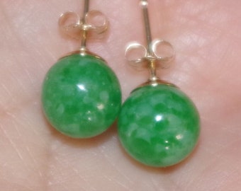 Genuine 14K Green Jadeite Jade 8MM Round Stud Earrings SS