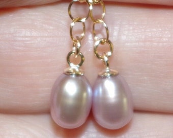 Vintage Gorgeous 14K 6x7 MM Small Cultured Lavender Pearl Earrings Jackets
