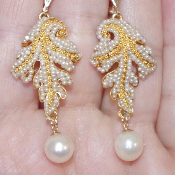 Antique Georgian 22K Gorgeous Paisley Seed Pearl Dangle Leverback Earrings
